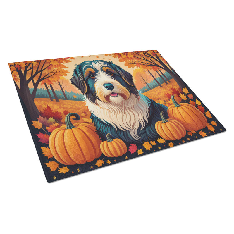 Bearded Collie Fall Glass Cutting Board Large