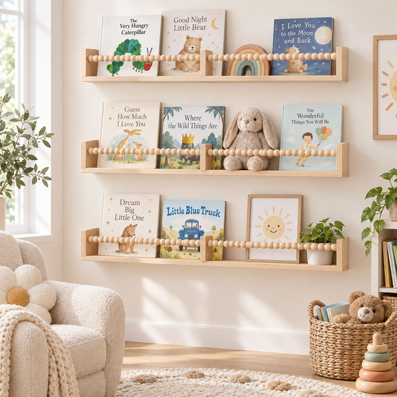 Ensemble de 3 étagères murales flottantes en pin avec perles décoratives, idéales pour une chambre d'enfant.