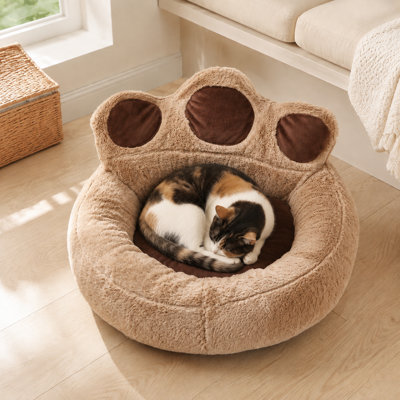 Calming Paw Shaped Pet Bed – Plush Donut Nest with High Back Support, Fully Removable & Washable Cover, Non-Slip Bottom, for Cats & Small to Medium Dogs (M/L/XL, Coffee)