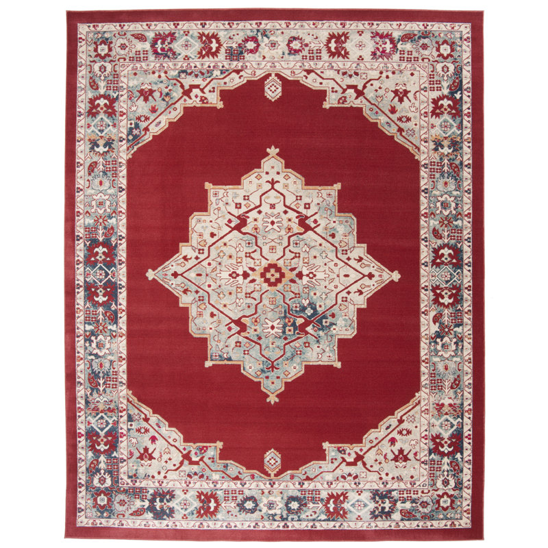 Doucet 300 Pes/Cotton/Pp/Latex Oriental Rug in Red/Aqua, Rectangle 8' x 10'