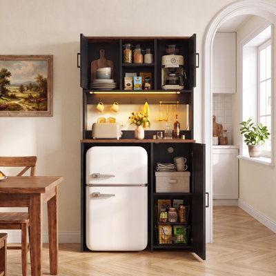 Coffee Bar Cabinet With Outlet & Led Light, Mini Fridge Cabinet With Storage