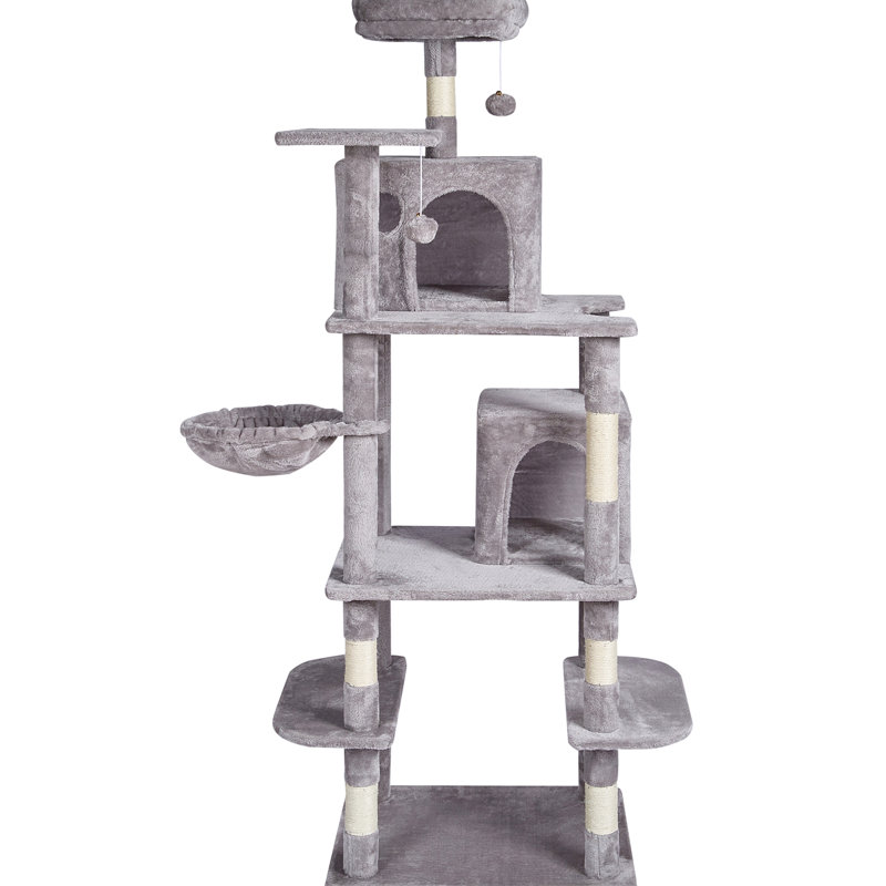 Tour pour chat 68,5 po, grise, avec condos, poteau à griffes, plateformes multiples et suspension pour explorer le style de vie actif des chats