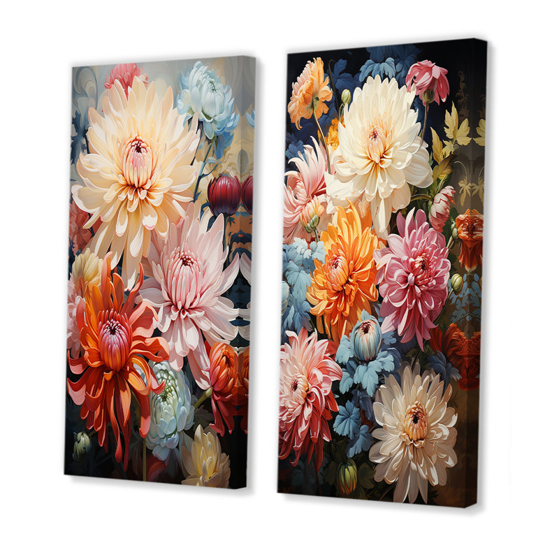 «Mums Organic Flow Curved Stems» - ensemble d'art mural sur toile Mums, Toile tendue, H 32 po x l 33 po