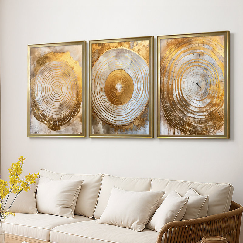 ABSTRACT Series CCXIV - Toile tendue avec châssis sur mesure - 3 pièces, H 21 po x l 30 po, Doré