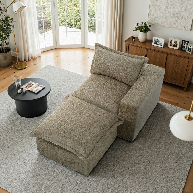 Chaise longue modulaire rembourrée en chenille rembourrée avec repose-pieds amovible - entièrement compressée, aucun assemblage requis