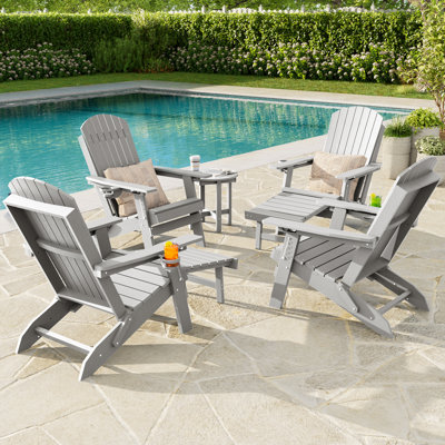 Folding Adirondack Chair with Retractable Ottoman & Cup Holder, 3-Position Adjustable for Patio, All-Weather Outdoor Seating