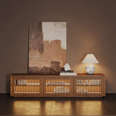 Meuble télé Mid-Century moderne à lattes en bois avec lumières DEL, entièrement assemblé