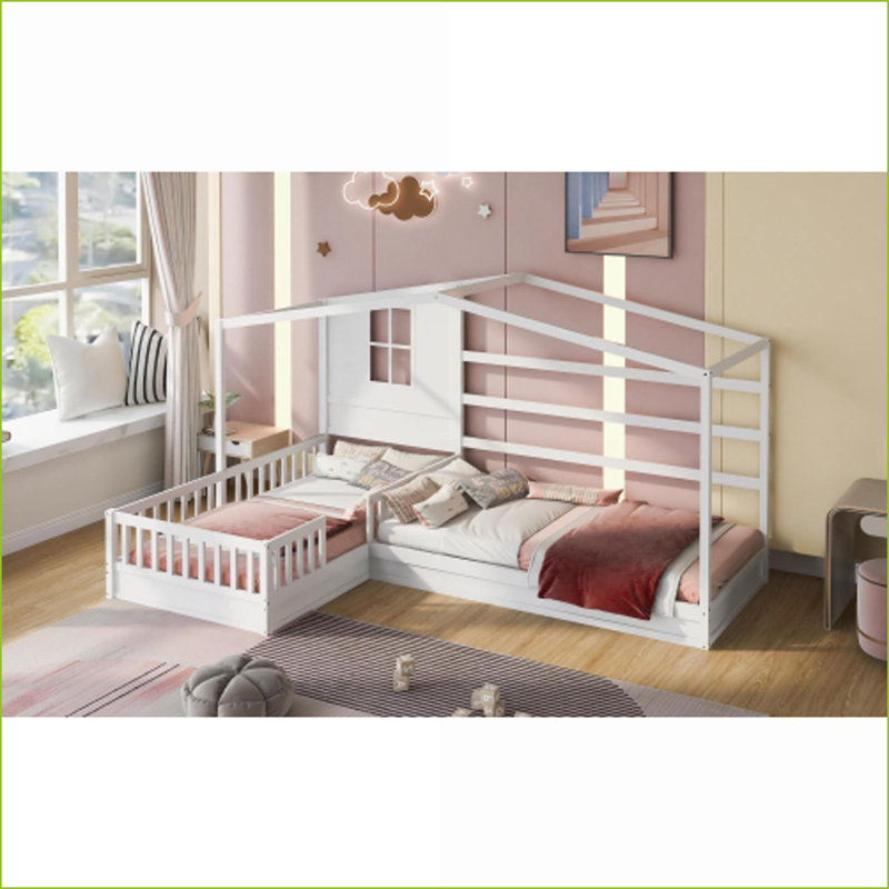 Lit simple en pin massif, cadre de lit plateforme blanc avec clôture et amp; Support à lattes, aucun sommier requis, Blanc