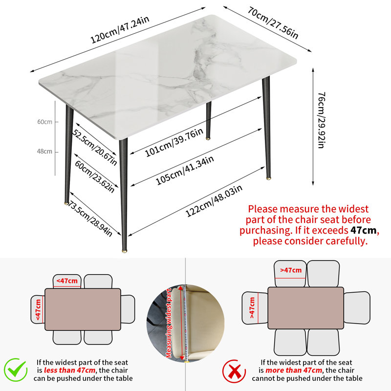 Table de salle à manger Annagh, Blanc brillant, H 30 po x L 47,2 po x l 27,5 po