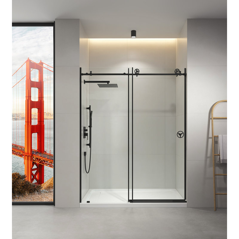 60" W X 76" H Sliding Frameless Shower Door In Matte Black With Clear Glass