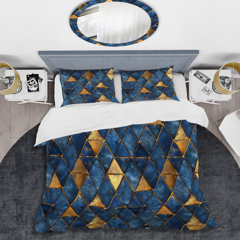 Ensemble de housse de couette moderne Blue Gold Modern Glam Triangles IV, Housse de couette très grand + 2 très grandes ta