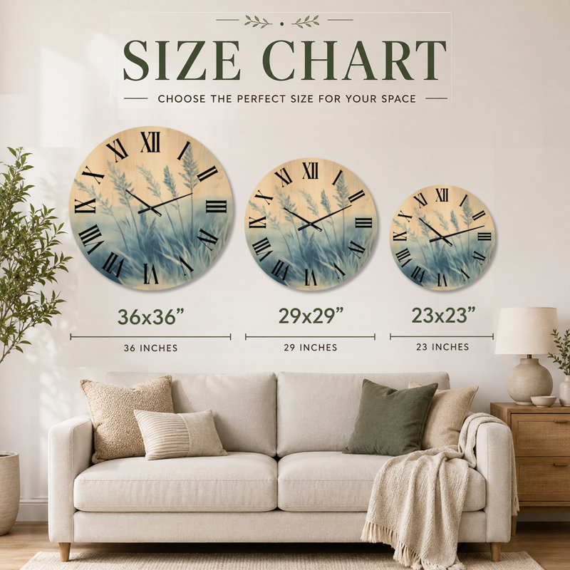 Horloge murale minimaliste grand format « Blue Grass at Dawn », imprimée sur bois, Extra Large