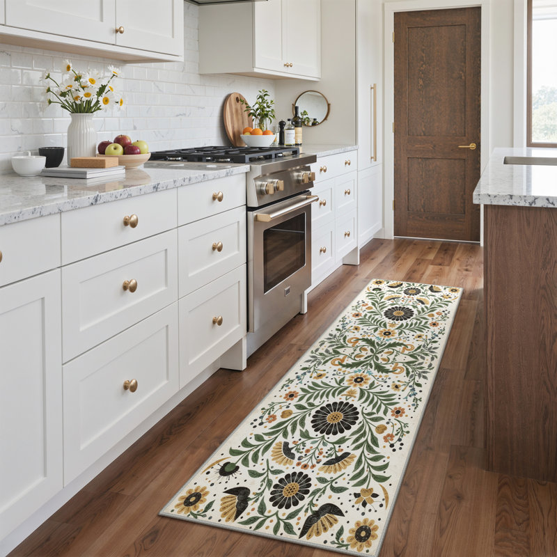 Clermont Verdant Boho Floral Sage Ochre Machine Washable Area Rug, Runner 2'6" x 8', Beige / Sage Green