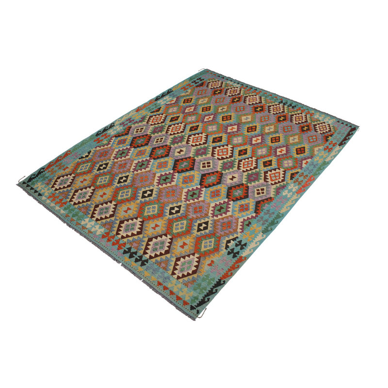 Tapis gris / bleu en laine tissé à la main de style tribal / géométrique / fait à la main 8 pi 6 po x 11 pi 2 po Cedorah