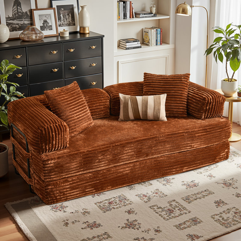 80.5'' Mordern Convertible Sleeper Sofa Corduroy Loveseat Sofa Bed, Foldable Floor Couch, Chestnut Brown