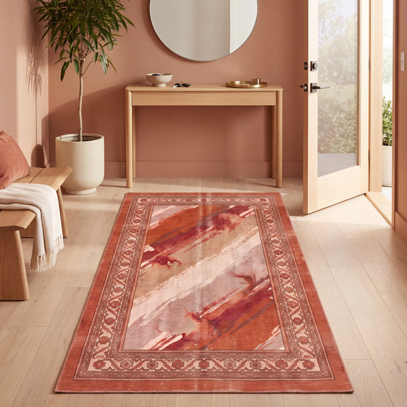 Tapis Belfry moderne à l'aquarelle abstraite orange, rouge et crème, lavable à la machine, antidérapant, à poils courts, pour l'intérieur et l'extérieur, adapté aux animaux domestiques, idéal pour le salon, la chambre, la salle à manger, l'entrée, le couloir ou le bureau.