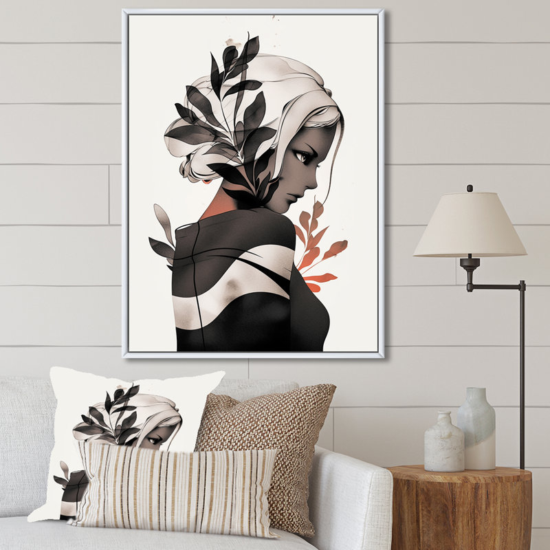 Dessin de femme tropicale, dessin I, Cadre flottant blanc, H 44 po x l 34 po x P 1,5 po