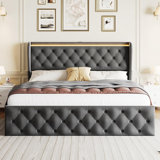 LED Bed Frame With Charging Station And 4 Storage Drawers, Velvet Upholstered Platform Bed Frame With Wingback Headboard, Button Tufted/No Box Spring Needed/Grey