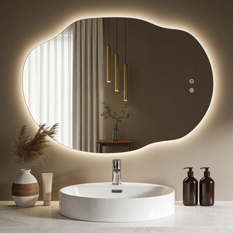 Asymmetrical LED Backlit Frameless Mirror with Anti-Fog, 3 Color Dimmable Light, 32"x45"