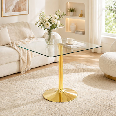 Table de salle à manger 38,5 po carrée en verre transparent avec base en métal doré pour 2 à 4 personnes