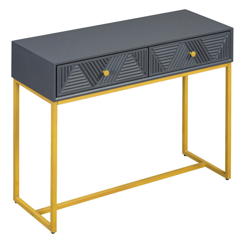 Console en gris pour le salon - rangement à deux tiroirs, style épuré moderne avec base en métal doré audacieux et tiroirs à rayures diagonales, rayures géométriques d'apparence captivante