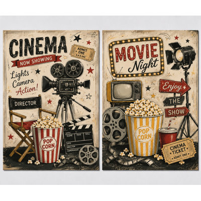 Extra-large Set of 2 Vintage Cinema Wall Art Canvas Print Retro Movie Night Popcorn Theater Decor for Media Room Living Room Office 24x36 Inch Canvas Print - Ready to hang