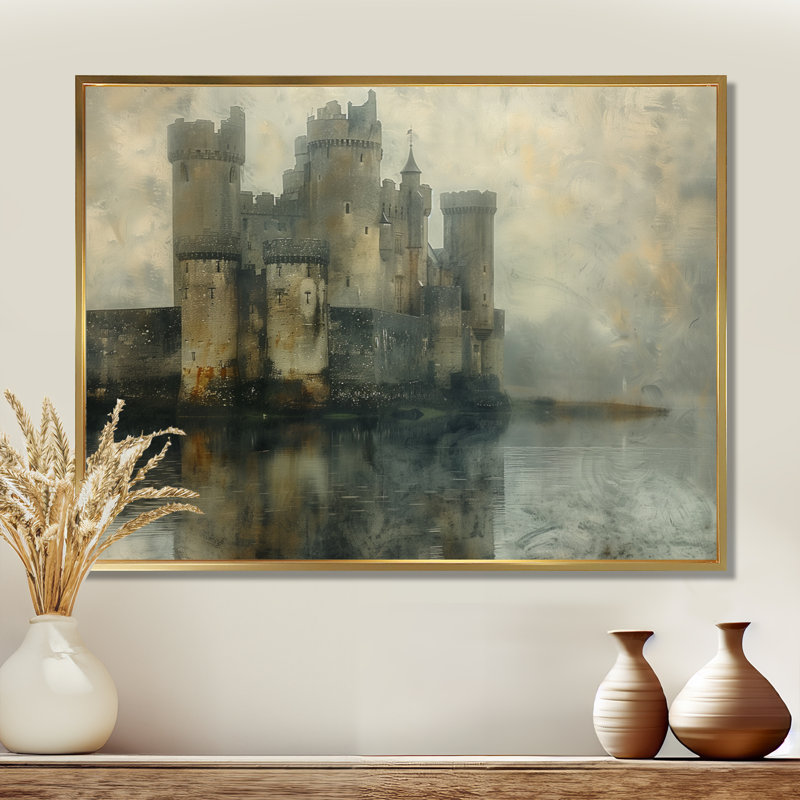 Impression d'art mural gris et beige, château d'hiver médiéval, Toile avec cadre flottant or, H 34 po x l 44 po x P 1,5 po