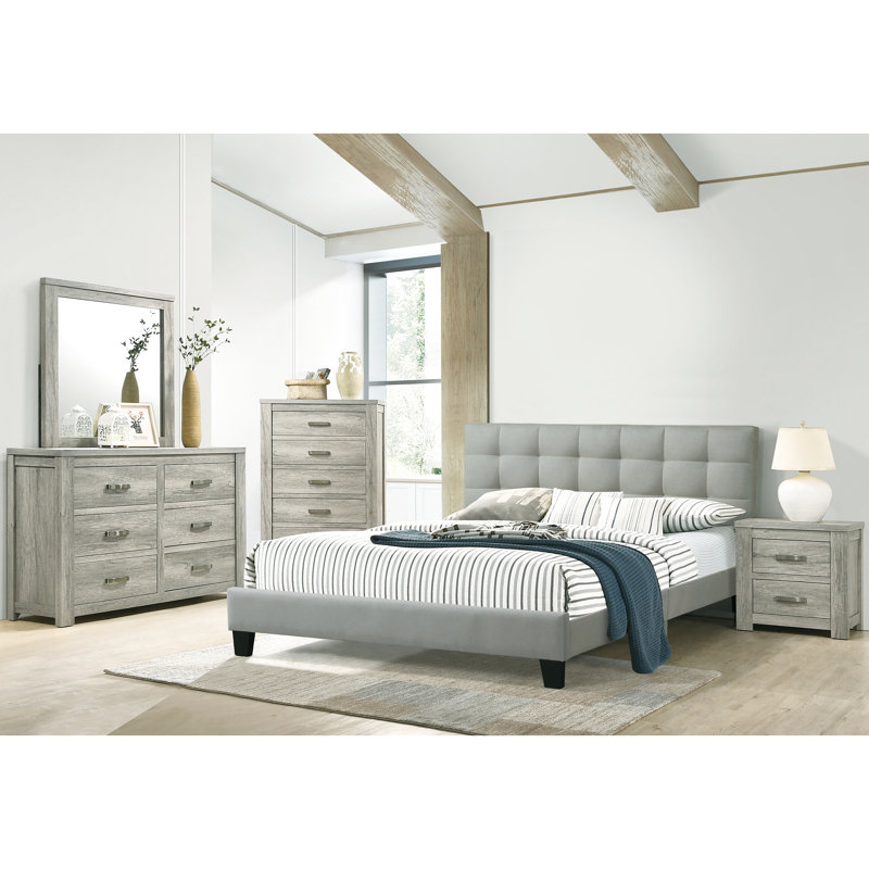 Lit double au design moderne avec tête de lit grise et rembourrage en mousse contemporain, Lit double, Gris clair