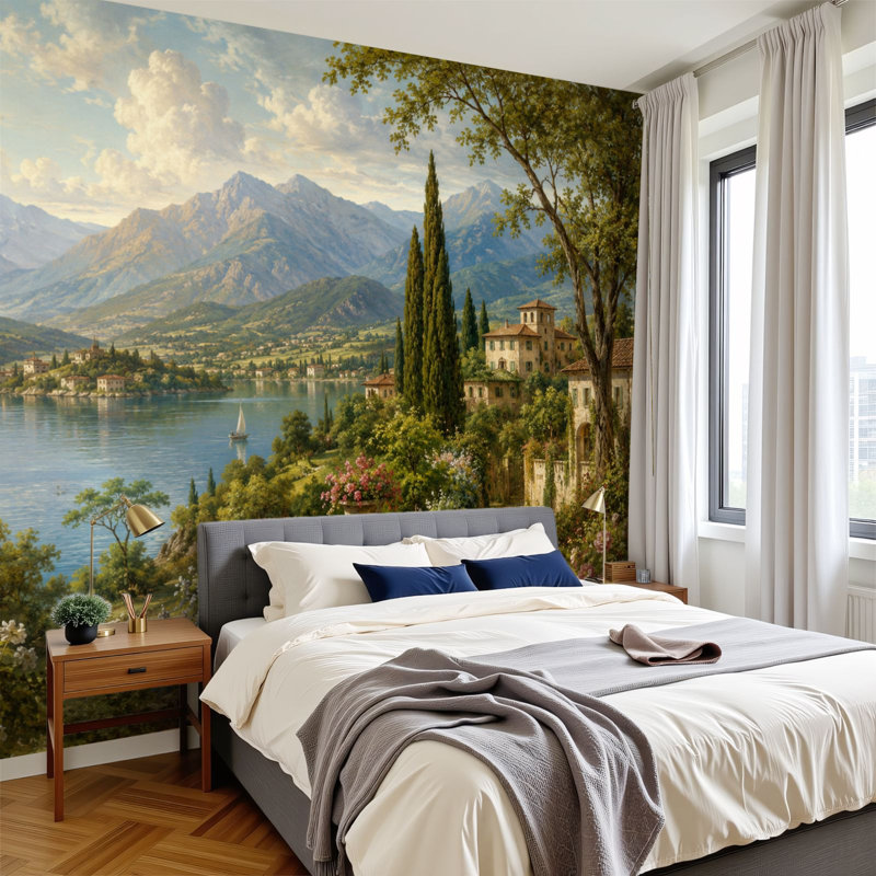 Papier peint adhésif auto-adhésif moderne pour la chambre à coucher, avec paysage de rivière, jardin, feuillage, campagne classique