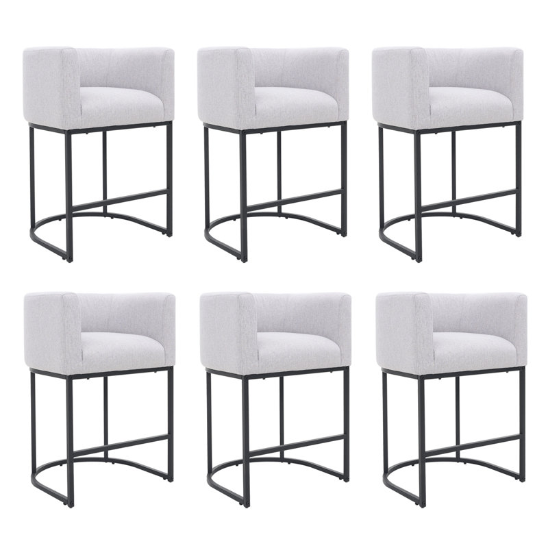 Upholstered Counter Height Stool with Metal Frame (Set of 6), Light Gray Seat/Black Frame, 6