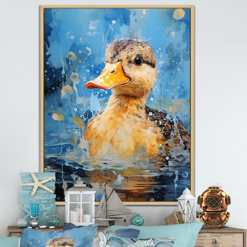 Splashing Duckling Wonder - Art mural animal canard, Cadre flottant brun, H 32 po x l 24 po x P 1 po