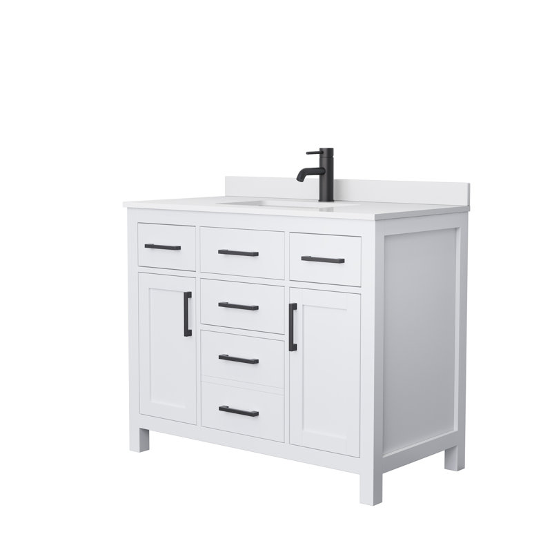 Meuble-lavabo simple autoportant de 42 po avec plateau en marbre Beckett, Blanc, Noir mat, Marbre de culture blanc