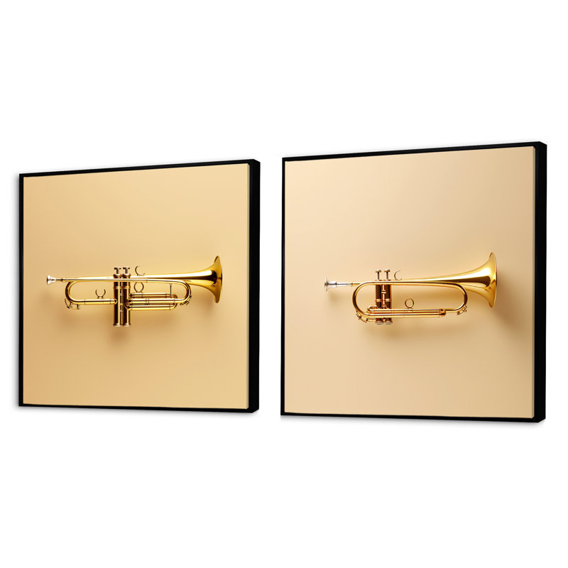 Gold Trumpet Call Bold Brass - Carré musical, ensemble de 2 collages, Cadre flottant noir, H 16 po x l 33 po