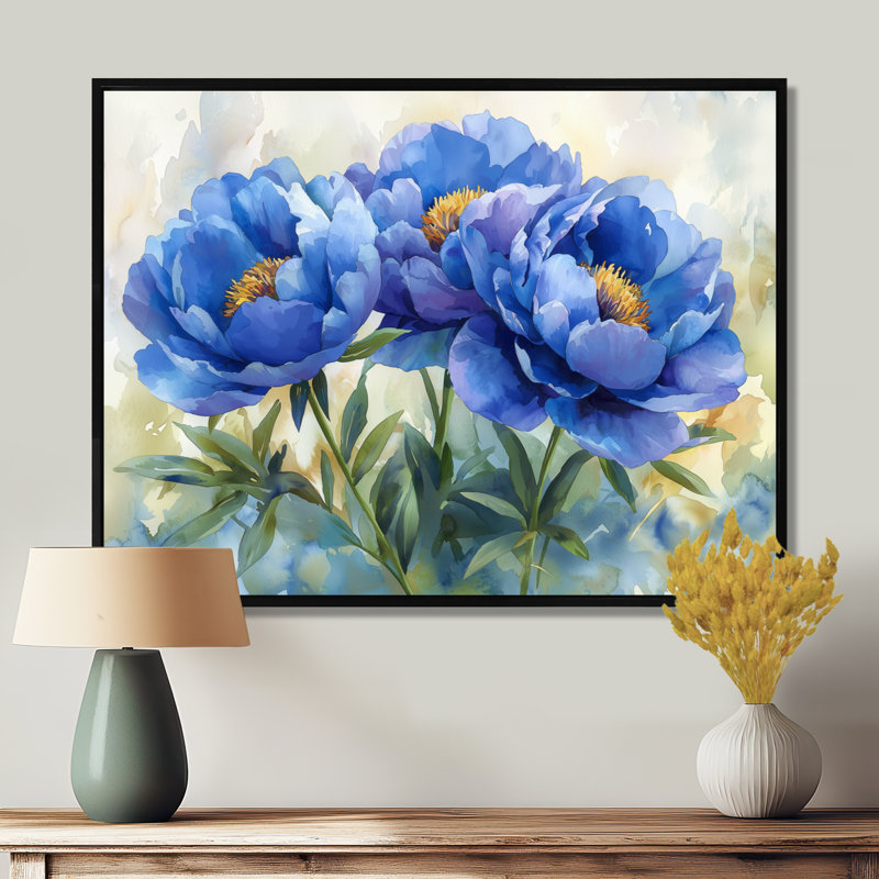 Pivoines bleues Isgard dans le pré II - art mural pivoines pour le salon, Noir, H 12 po x l 20 po
