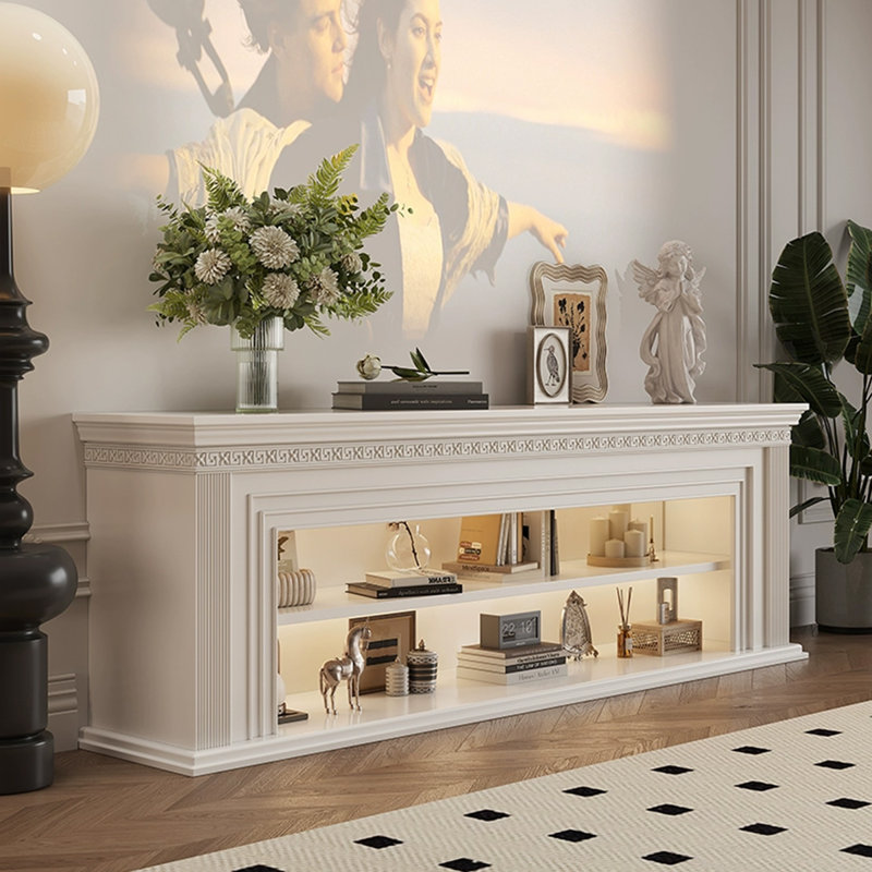 Beige Solid Wood TV Cabinet Fireplace, 29.53" H x 62.99" W x 13.78" D