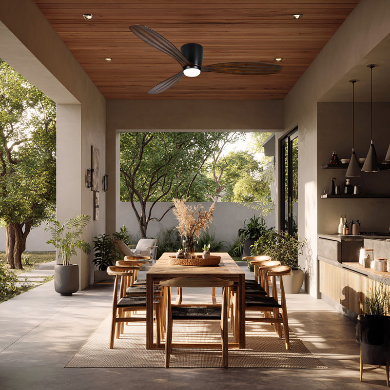 Ventiara 52" Led Flush Mount Indoor/outdoor Ceiling Fan, Black, Black