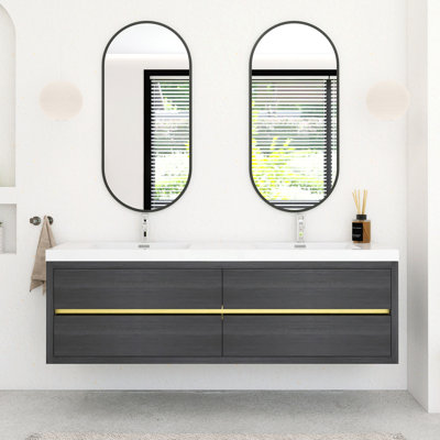 Ensemble de meuble-lavabo mural 72 po avec double lavabo double intégré en résine