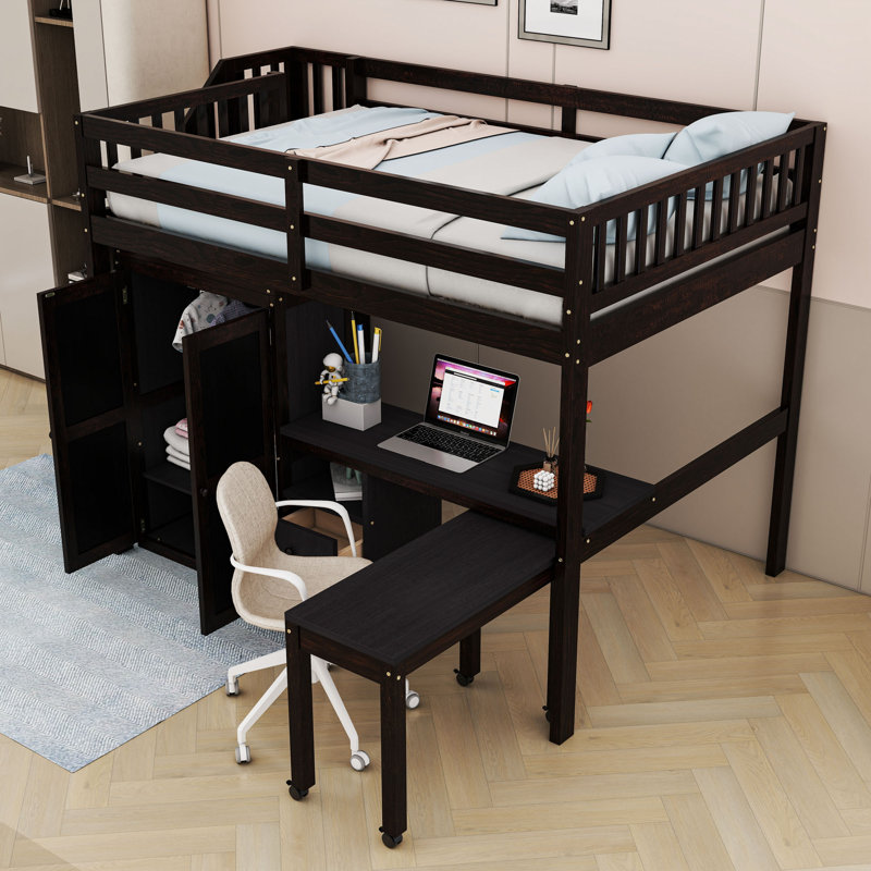 Wood Two Drawers Loft Bed With Bookshelf, Desk And Wardrobe, Full, Espresso