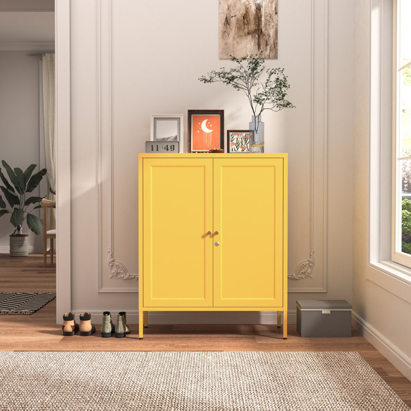 2-Door Lockable Metal Storage Cabinet, Square Stamped Steel Door with 2 Adjustable Shelves, Multifunctional Organizer for Home Office School