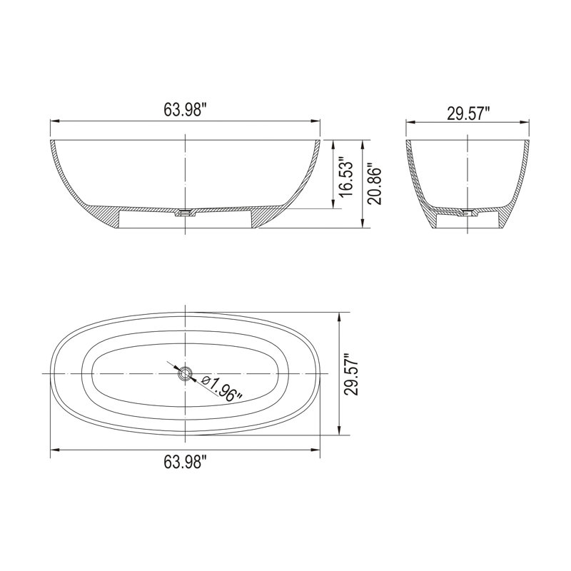 64 Inch Freestanding Solid Surface Soaking Bathtub For Bathroom