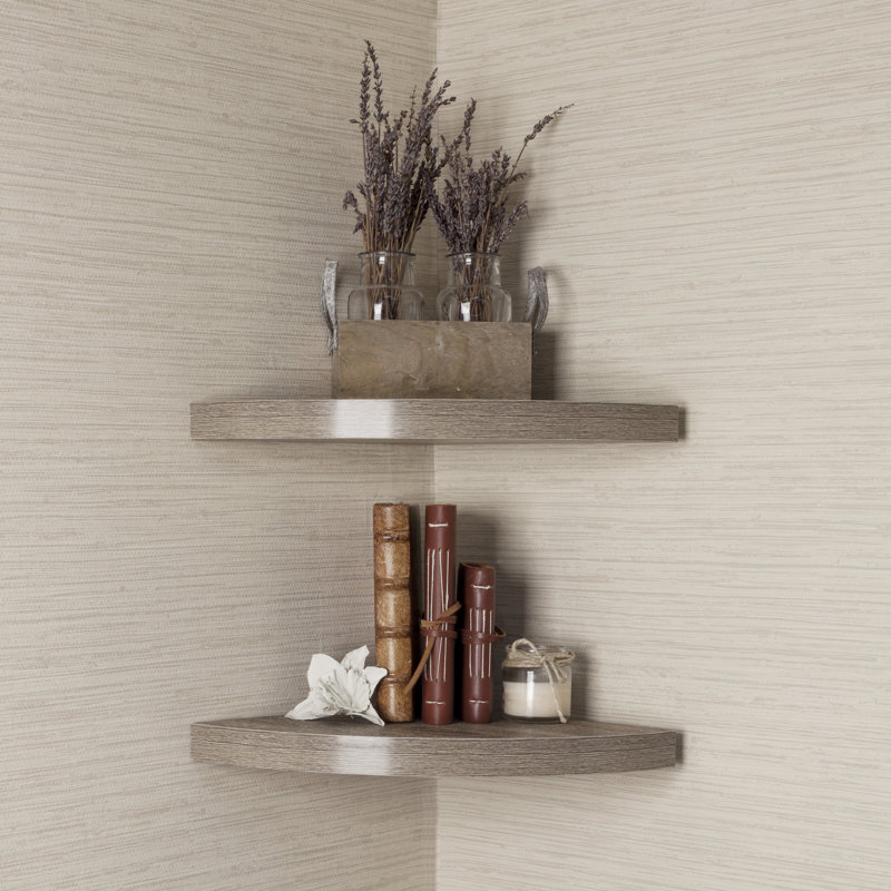 Floating Half-Circle Corner Ledge Shelf Set, Oak