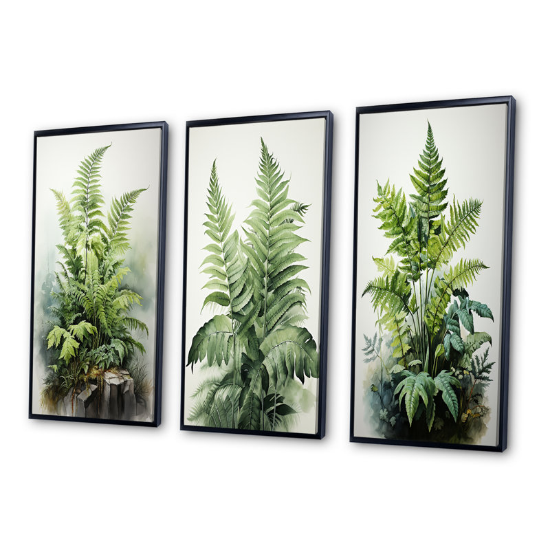 Minimalisme fougères verdoyantes - ensemble de 3 pièces sur toile, Cadre noir, H 28 po x l 36 po