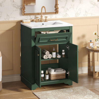Bathroom Vanity with Integrated Ceramic Sink, Bathroom Cabinet with Doors, 1 Tip-Out Drawer, Single Sink Bathroom Vanity for Small and Medium Restroom