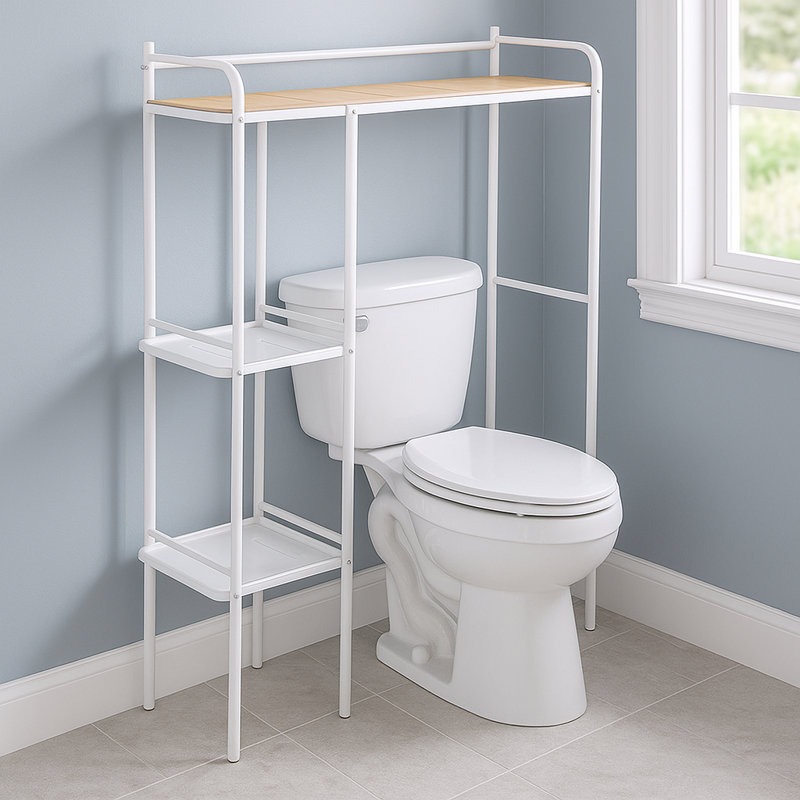 Neshka 3-Tier Over-the-Toilet Storage Organizer, White with Bamboo Accent Shelf