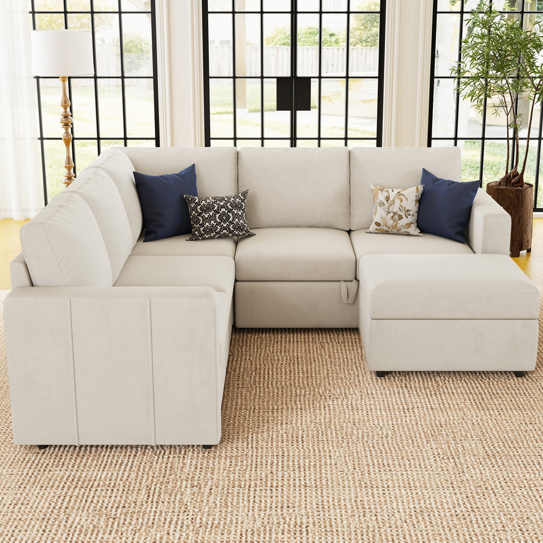 Rafael Velvet Chenille U Shaped Modular Sectional Sofa Apartment Pull Out Sofa Bed Sleeper Corner Sofa With Storage Ottoman Ebern Designs Body 