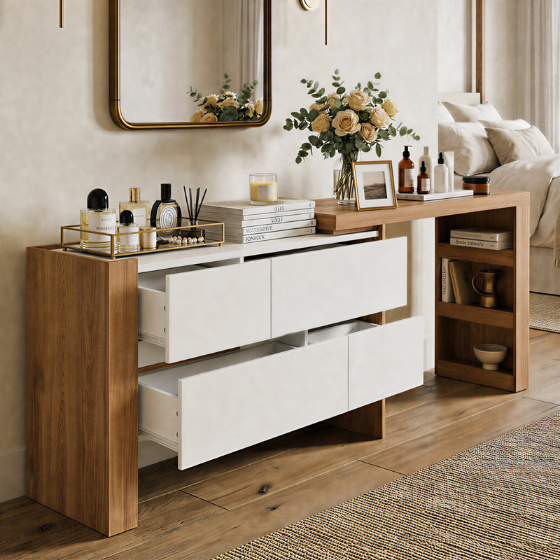 Convertible Makeup Vanity Desk with Adjustable Layout and Storage Drawers, Space-Saving Bedroom Dressing Table