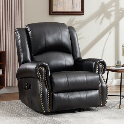 Aura 37.7" W Faux Leather Swivel Rocker Recliner With Heated Massage, Vintage Style by Lark Manor