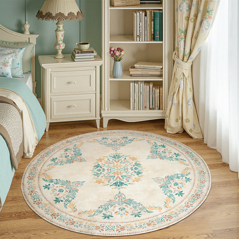Vintage Floral Distressed Design Non-Slip Low-Pile Soft Thin Faux Wool Area Rug, Round 5'