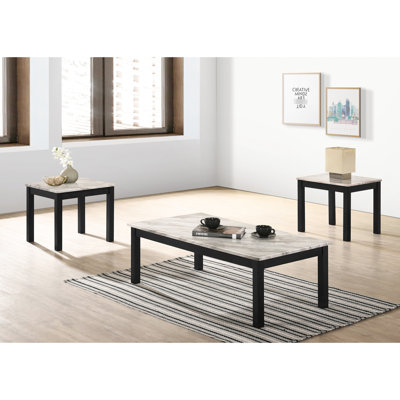 Table basse Classy 3: plateau en faux marbre et pieds noirs pour un espace de vie contemporain 3 pièces avec pièce classique blanche