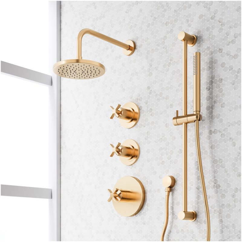 Vassor Thermostatic Shower System With Slide Bar and Hand Shower - Brushed Gold, Brushed Gold